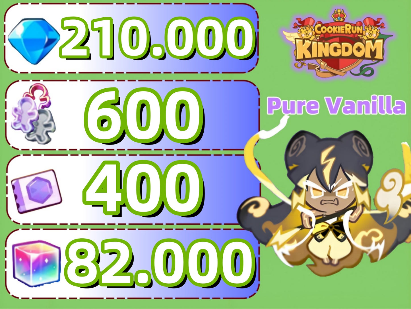 [Pure Vanilla]Cookie Run Kingdom Account With 210k+Crystals 3-5Random Legendary/Ancient/Super Epic/Dragon 600+Cookie Cutters 400+Treasure Tickets 30+Epic Cookies