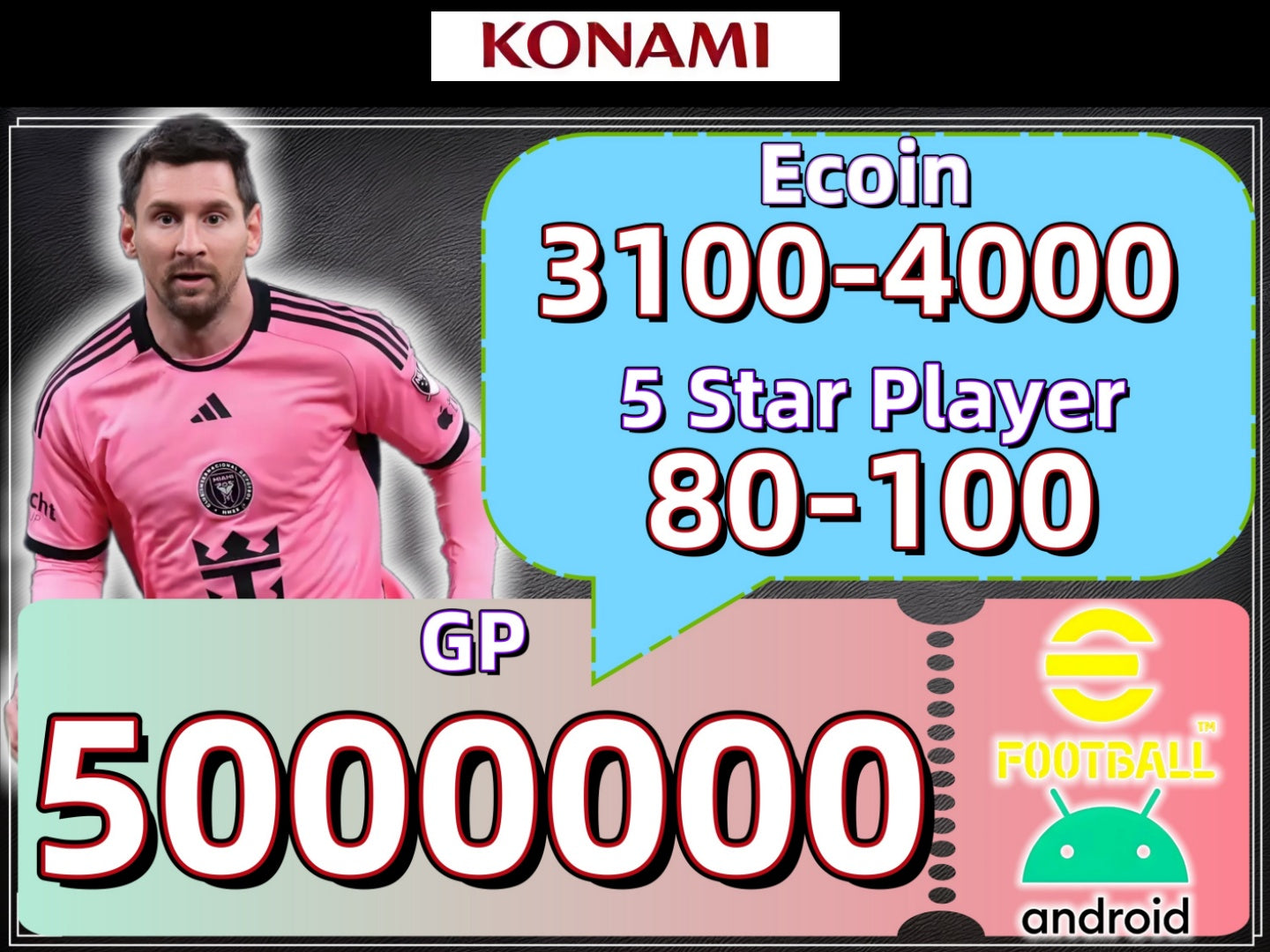 [Android Global Server] PES Efootball 2025 Account: 3100 Ecoin 500M GP 80-100 5Star players