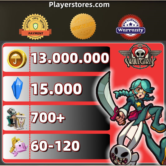 Skullgirls Account With 13.000.000 Gold 15000 Crystal 700+Relic 60-120Keys