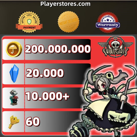 Skullgirls Account With 200.000.000 Gold 20000 Crystal 10000+Relic 50+Keys
