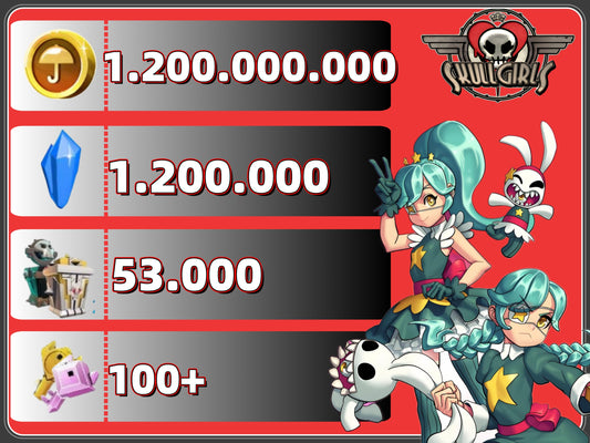 Skullgirls Account:1.200.000.000Gold 1.200.000Crystal 53000+Relic 100+Keys
