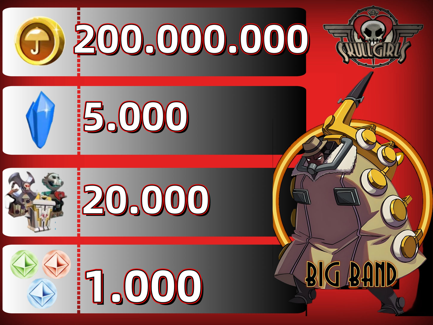 Skullgirls Account With 200.000.000 Gold 5.000 Crystal 20000+Relic 1000+Element Essence