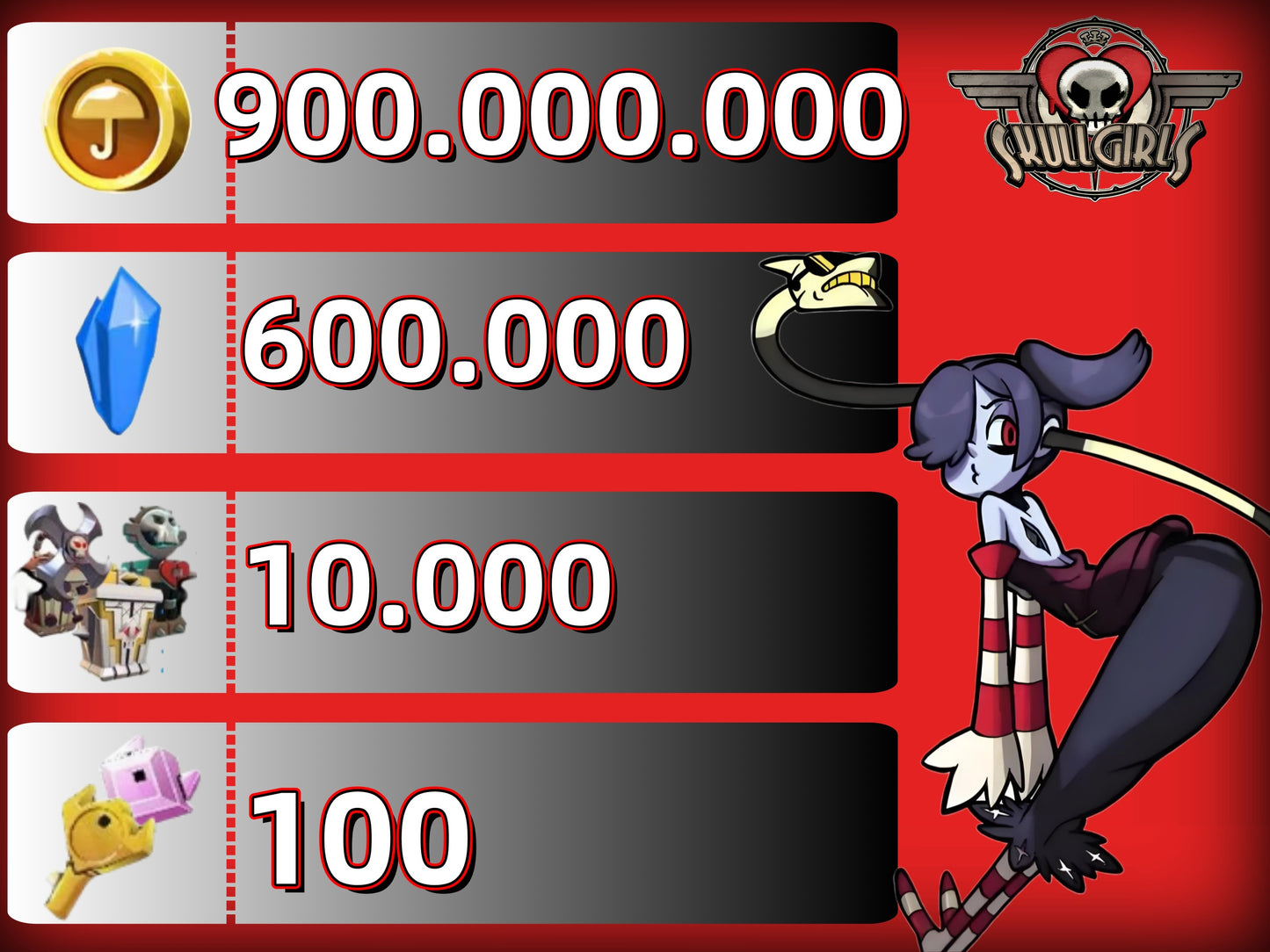 Skullgirls Account With 900.000.000 Gold 600.000 Crystal 10000+Relic 100+Keys