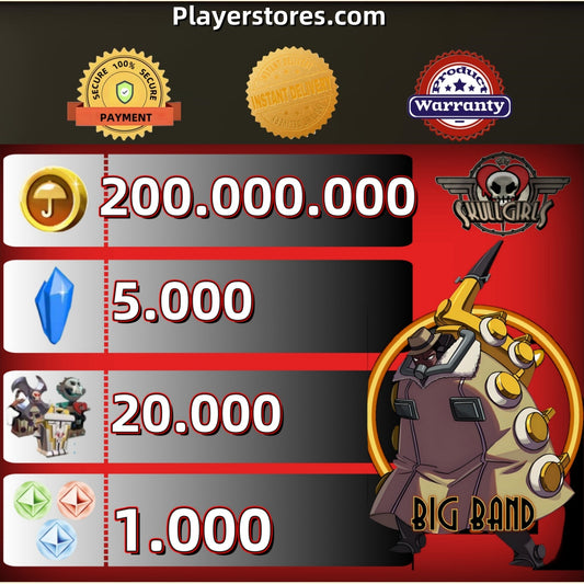 Skullgirls Account With 200.000.000 Gold 5.000 Crystal 20000+Relic 1000+Element Essence